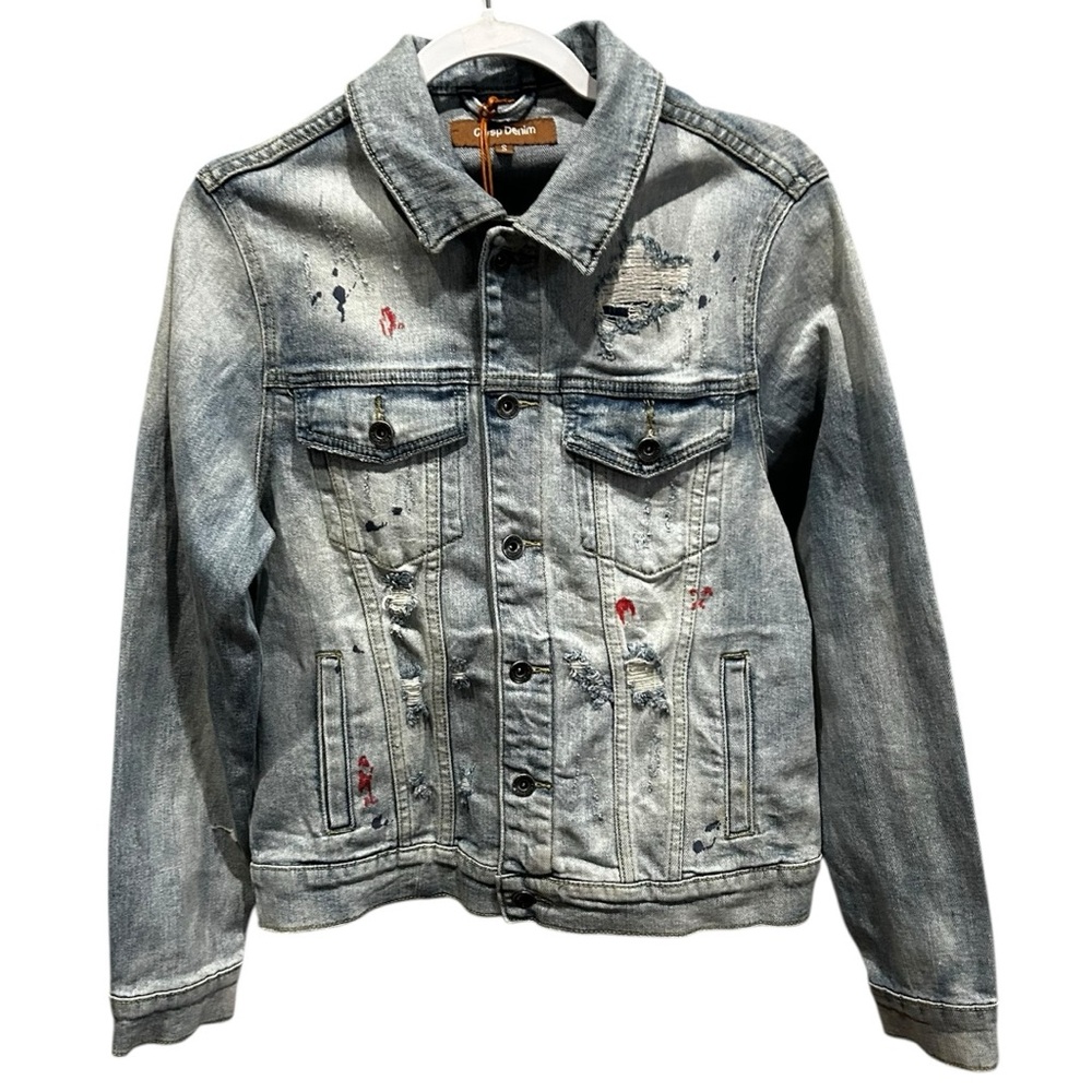 Crysp Denim Distressed Jean Jacket With Paint Splatters - S